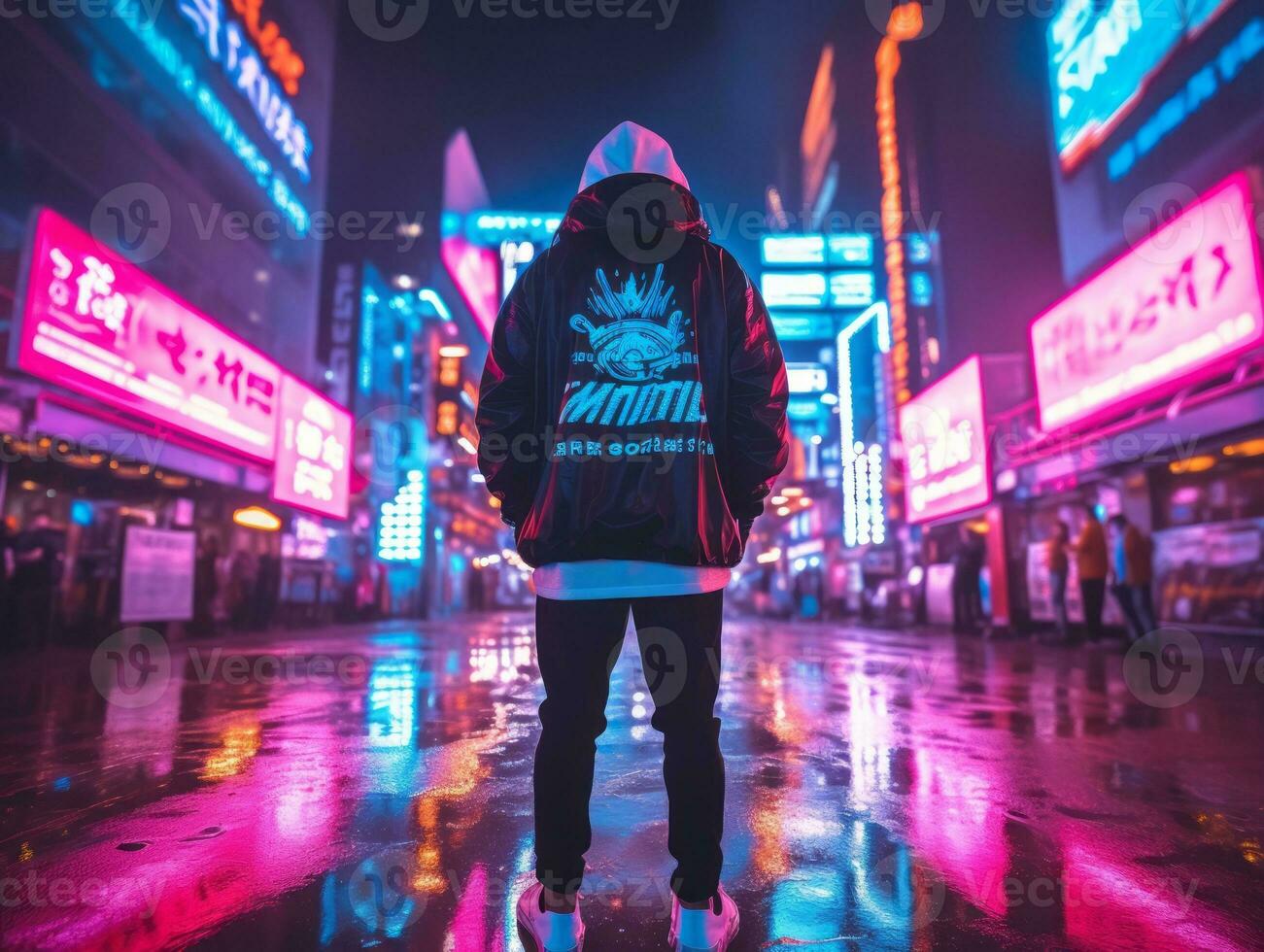 homme dans futur preuve vêtements jouit une tranquille promenade par une néon allumé ville des rues ai génératif photo