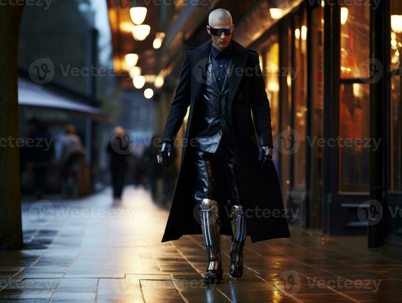 homme dans futur preuve vêtements jouit une tranquille promenade par une néon allumé ville des rues ai génératif photo