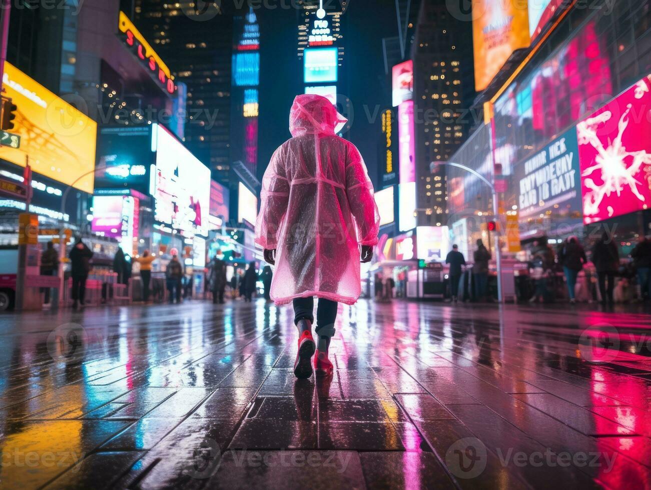 homme dans futur preuve vêtements jouit une tranquille promenade par une néon allumé ville des rues ai génératif photo