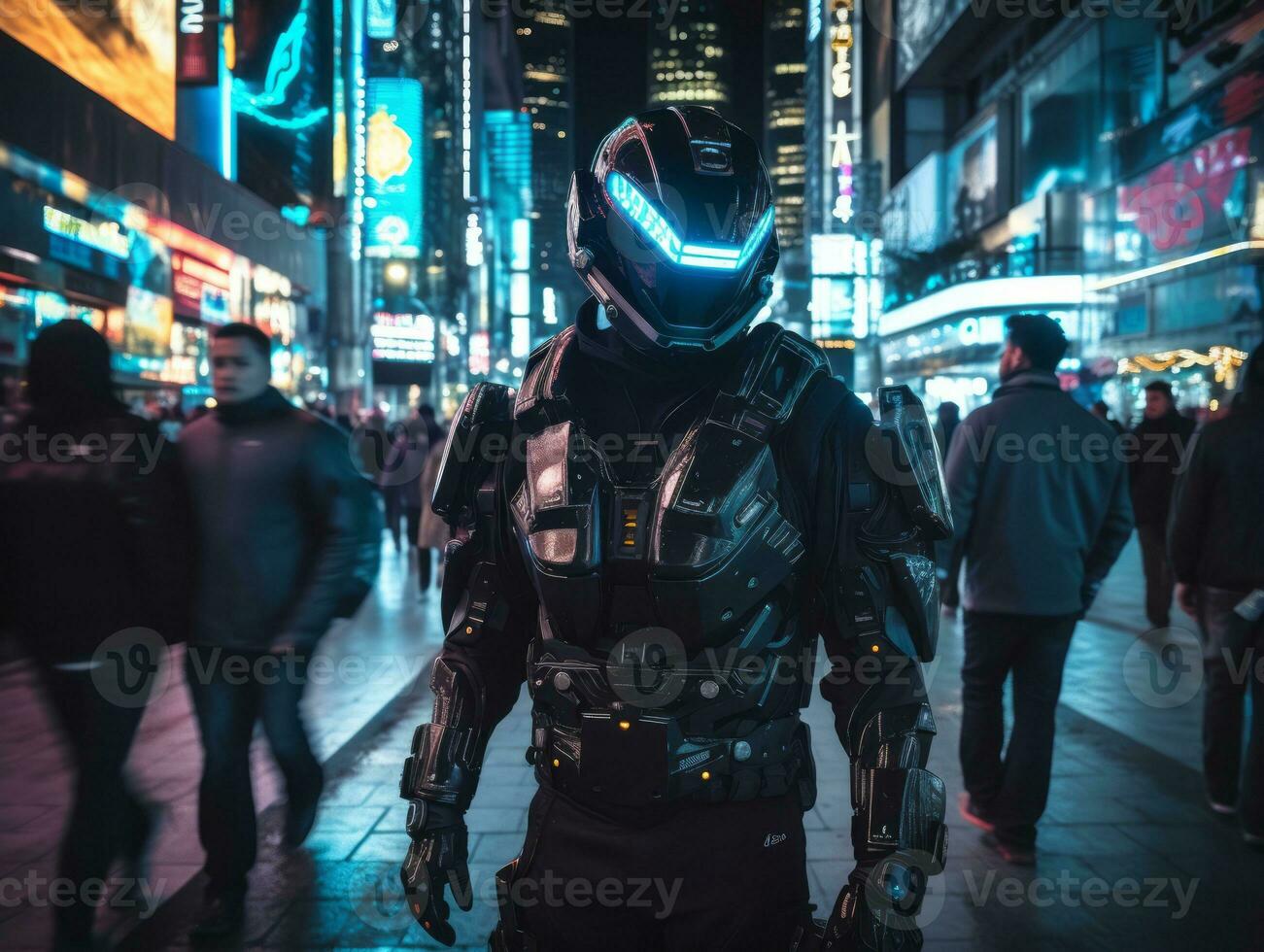 homme dans futuriste vêtements jouit une tranquille promenade par une ville des rues ai génératif photo