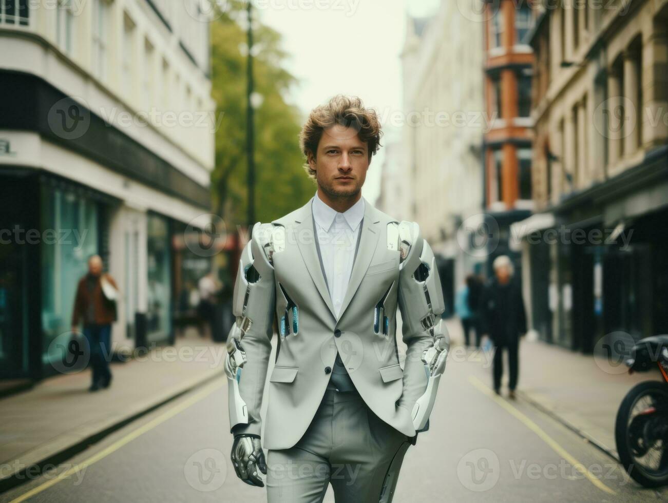 homme dans futuriste vêtements jouit une tranquille promenade par une ville des rues ai génératif photo