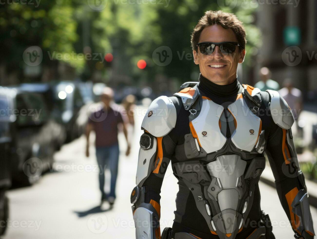 homme dans futuriste vêtements jouit une tranquille promenade par une ville des rues ai génératif photo