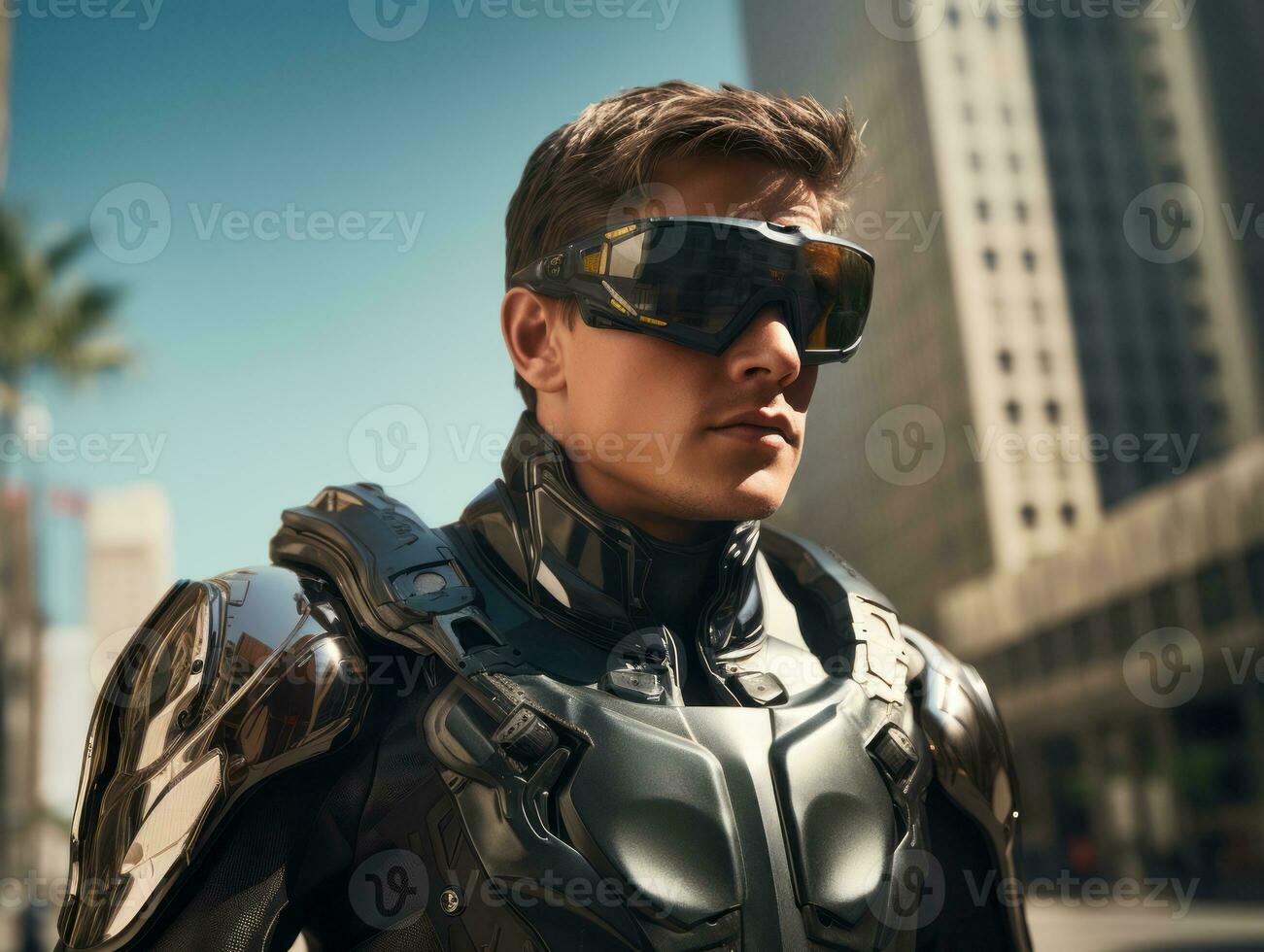 homme dans futuriste vêtements jouit une tranquille promenade par une ville des rues ai génératif photo