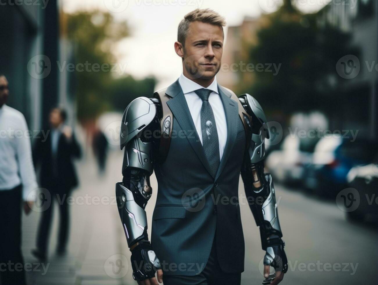 homme dans futuriste vêtements jouit une tranquille promenade par une ville des rues ai génératif photo