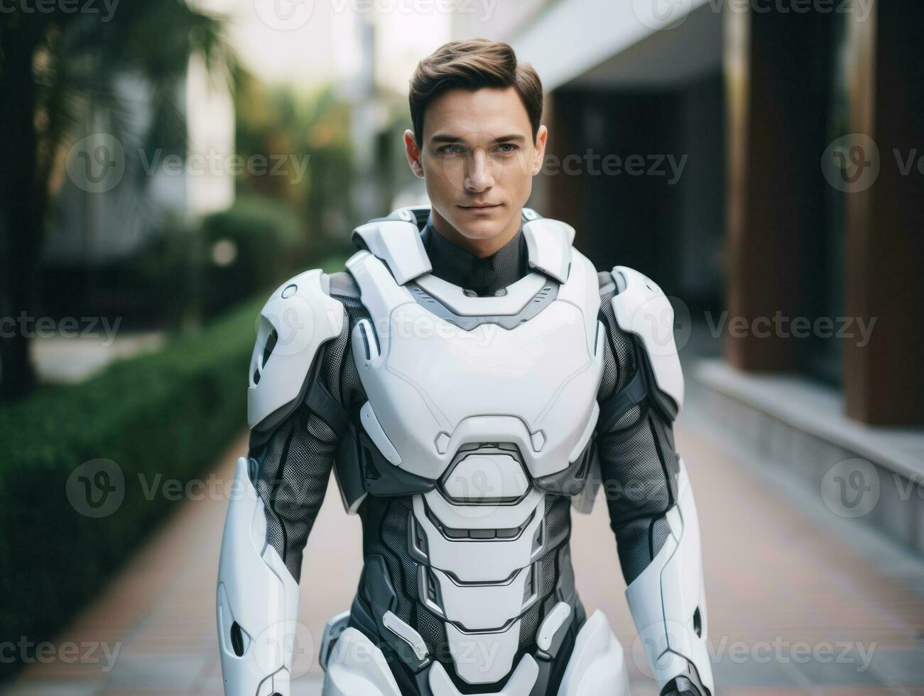 homme dans futuriste vêtements jouit une tranquille promenade par une ville des rues ai génératif photo