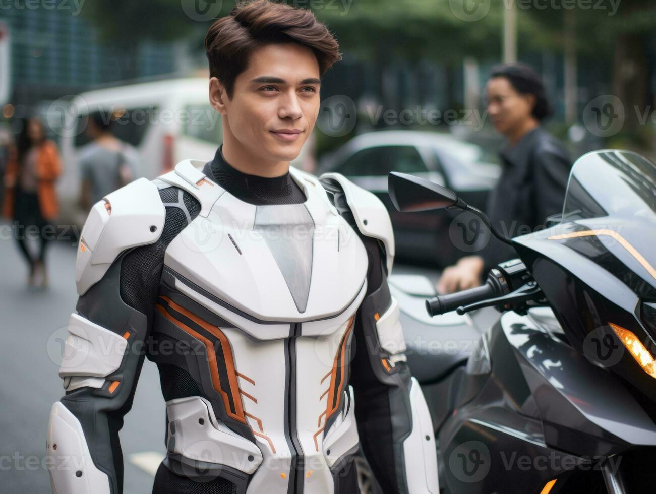 homme dans futuriste vêtements jouit une tranquille promenade par une ville des rues ai génératif photo