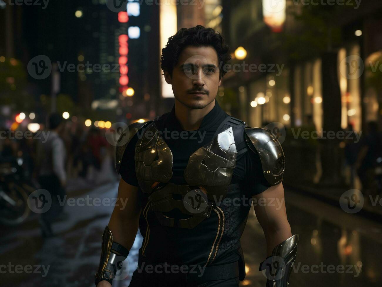 homme dans futuriste vêtements jouit une tranquille promenade par une ville des rues ai génératif photo