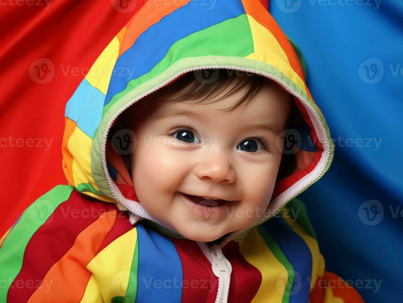 adorable bébé avec vibrant Vêtements dans une espiègle pose ai génératif photo