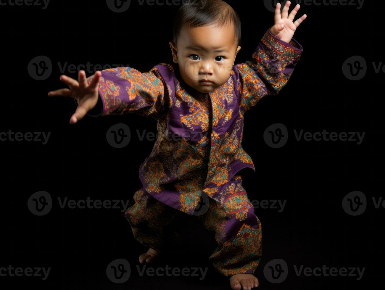 adorable bébé avec vibrant Vêtements dans une espiègle pose ai génératif photo