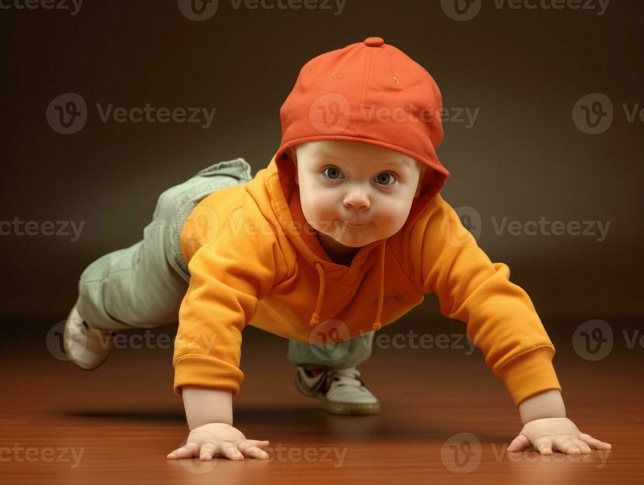 adorable bébé avec vibrant Vêtements dans une espiègle pose ai génératif photo