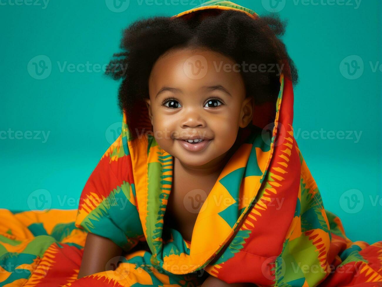 adorable bébé avec vibrant Vêtements dans une espiègle pose ai génératif photo