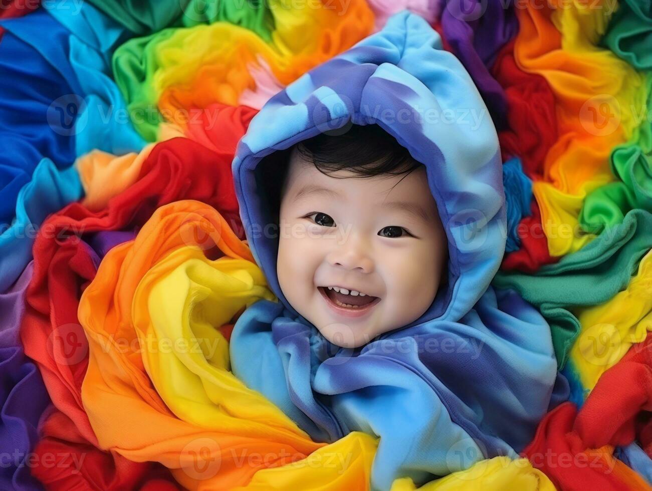 adorable bébé avec vibrant Vêtements dans une espiègle pose ai génératif photo