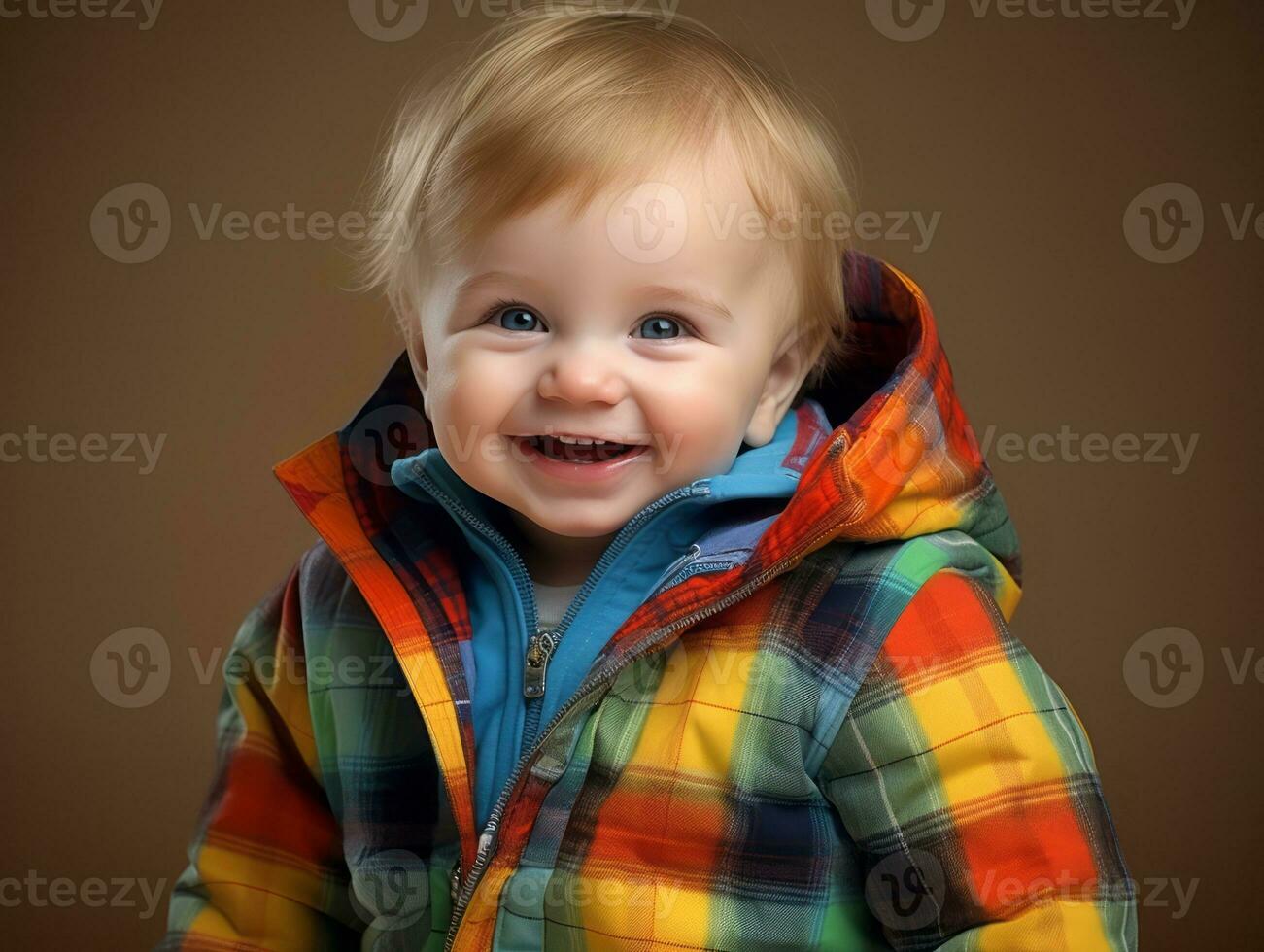 adorable bébé avec vibrant Vêtements dans une espiègle pose ai génératif photo