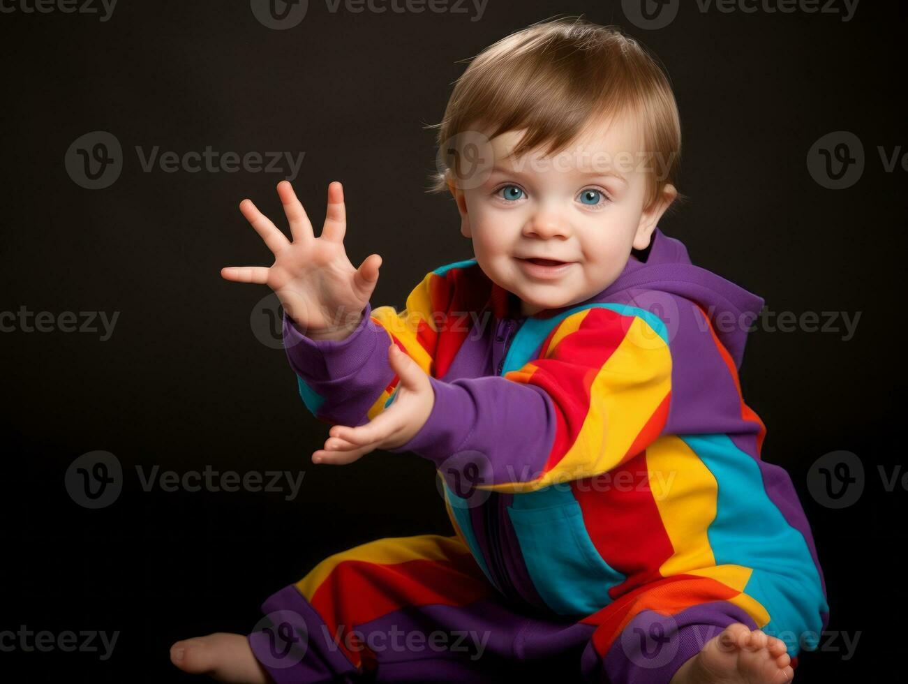 adorable bébé avec vibrant Vêtements dans une espiègle pose ai génératif photo