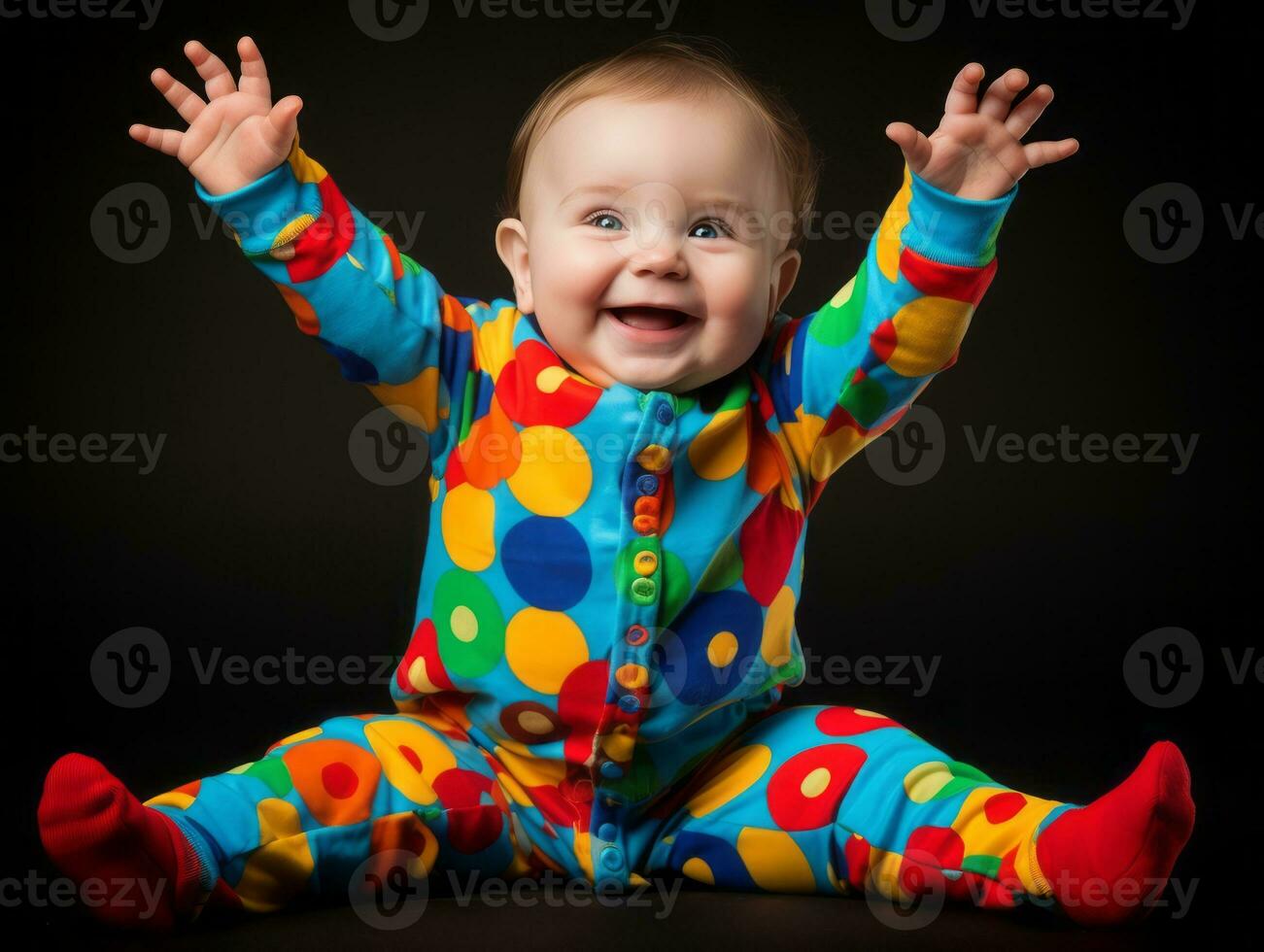 adorable bébé avec vibrant Vêtements dans une espiègle pose ai génératif photo