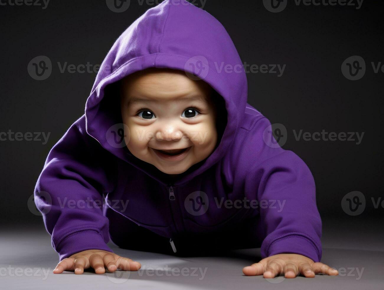 adorable bébé avec vibrant Vêtements dans une espiègle pose ai génératif photo