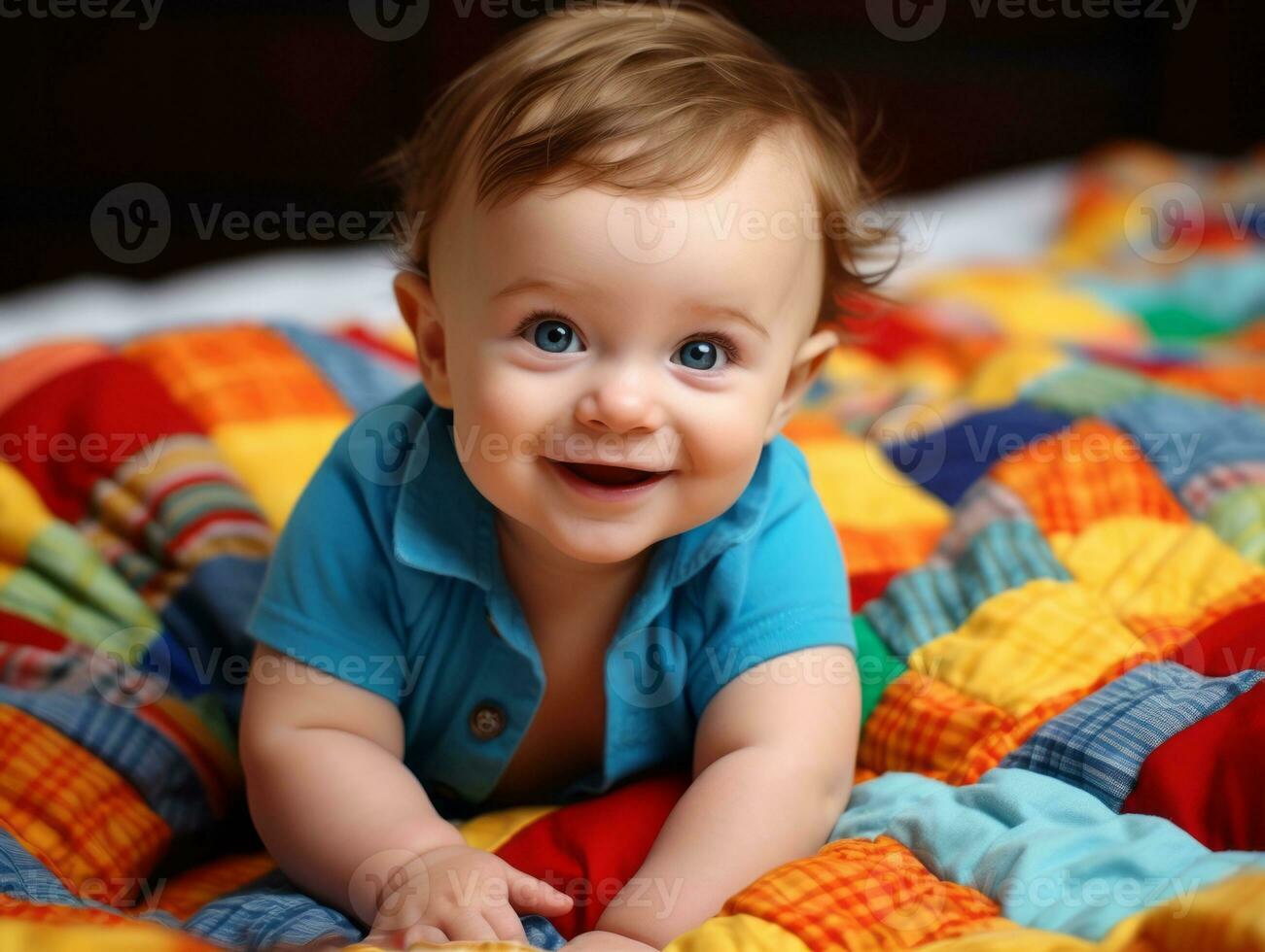 adorable bébé avec vibrant Vêtements dans une espiègle pose ai génératif photo