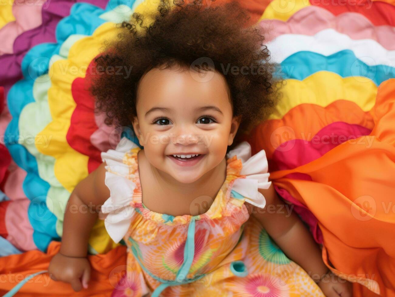 adorable bébé avec vibrant Vêtements dans une espiègle pose ai génératif photo