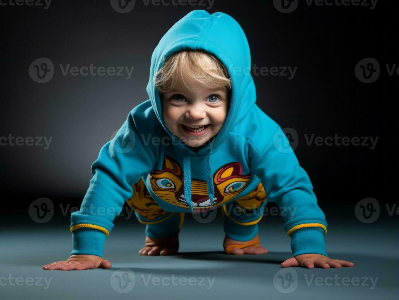 adorable bébé avec vibrant Vêtements dans une espiègle pose ai génératif photo