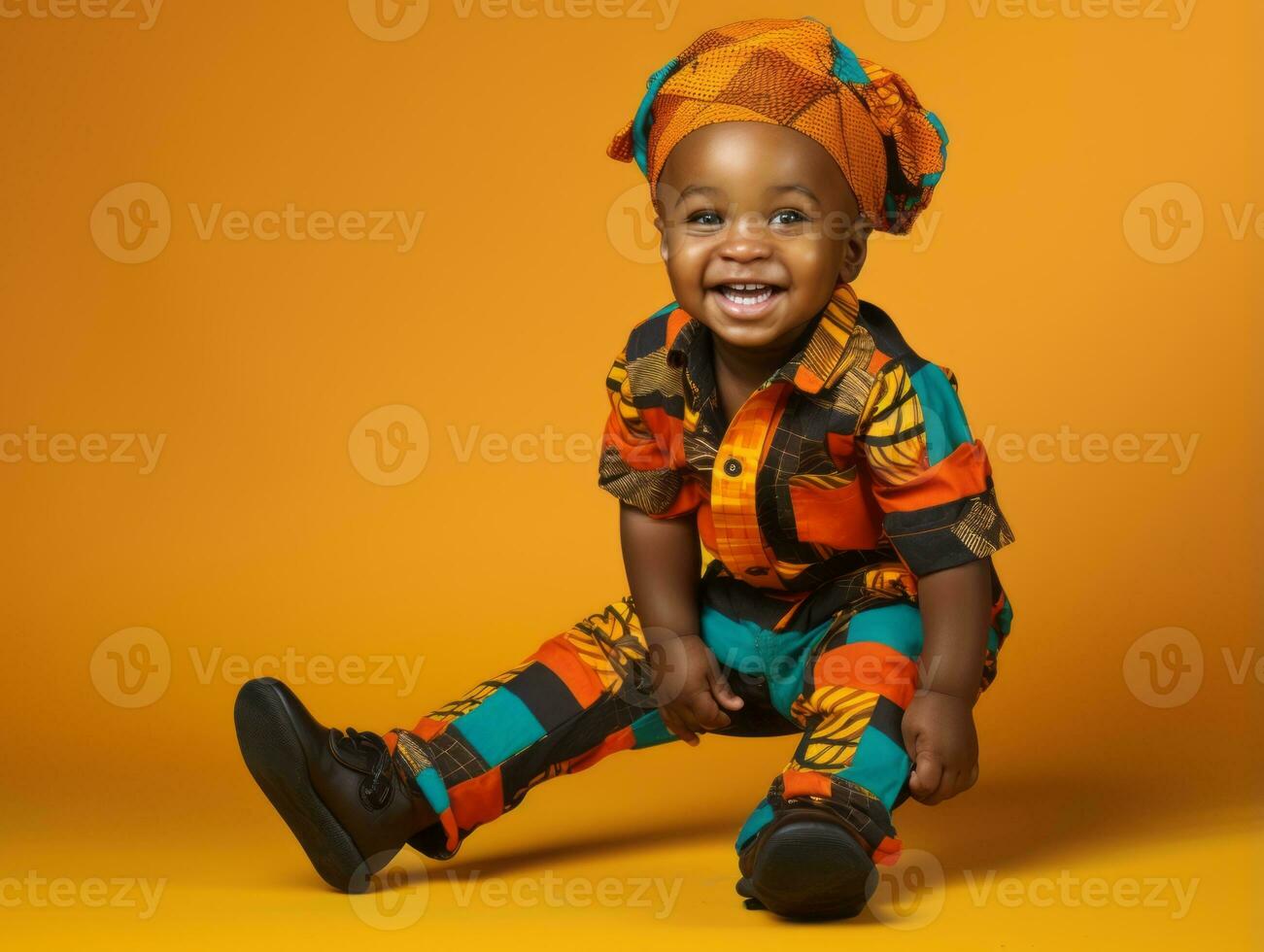 adorable bébé avec vibrant Vêtements dans une espiègle pose ai génératif photo