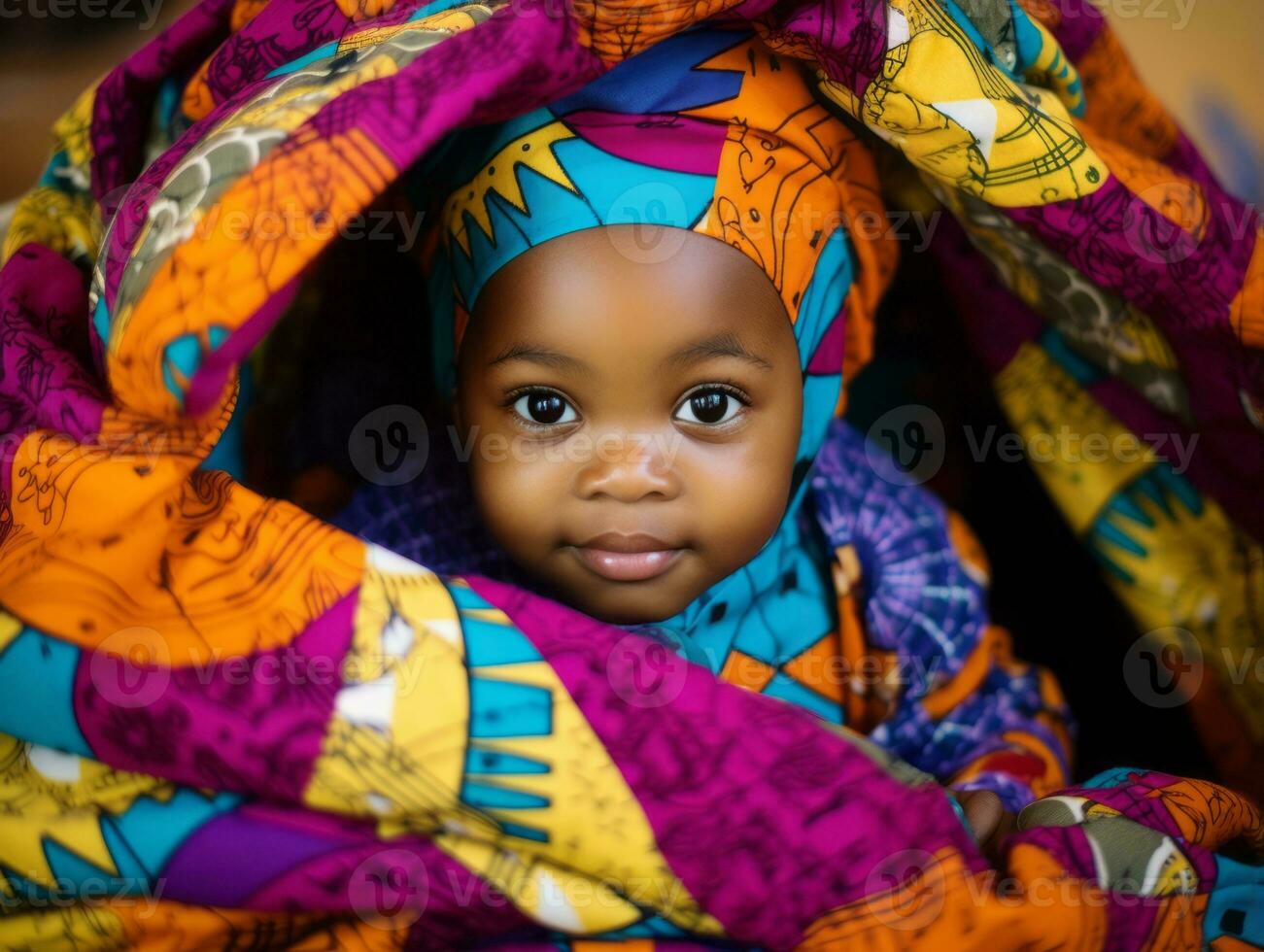 adorable bébé avec vibrant Vêtements dans une espiègle pose ai génératif photo