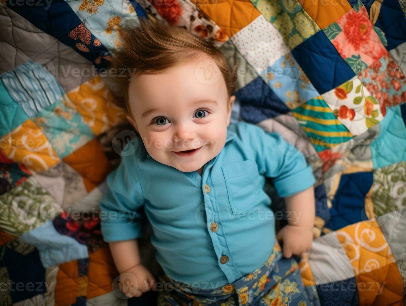 adorable bébé avec vibrant Vêtements dans une espiègle pose ai génératif photo