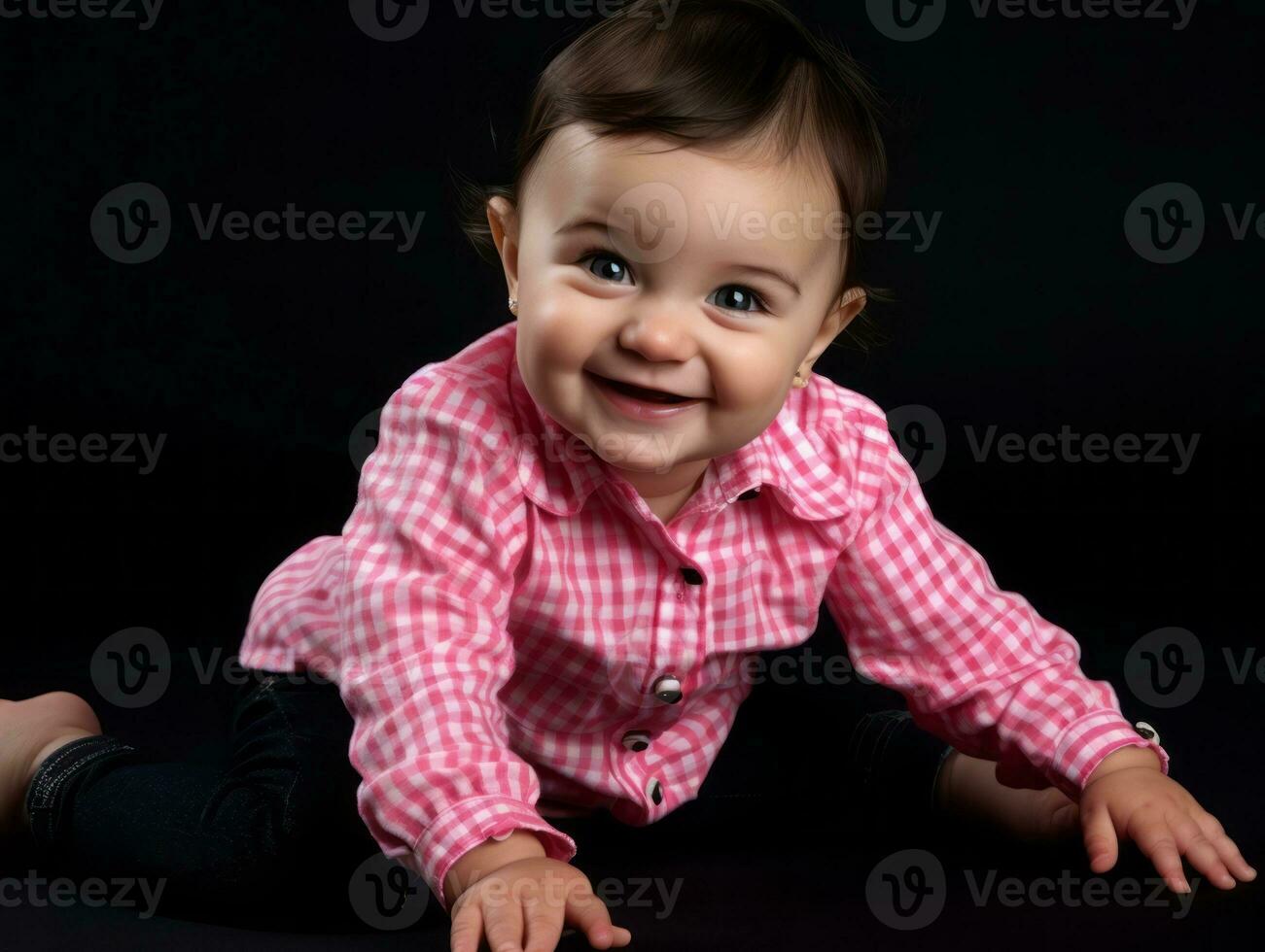 adorable bébé avec vibrant Vêtements dans une espiègle pose ai génératif photo