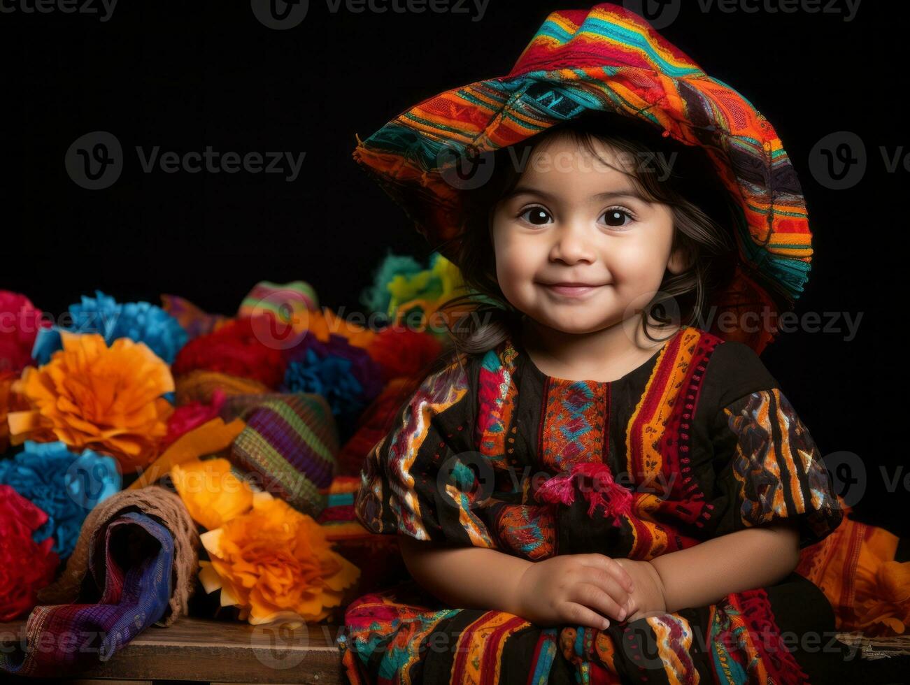 adorable bébé avec vibrant Vêtements dans une espiègle pose ai génératif photo