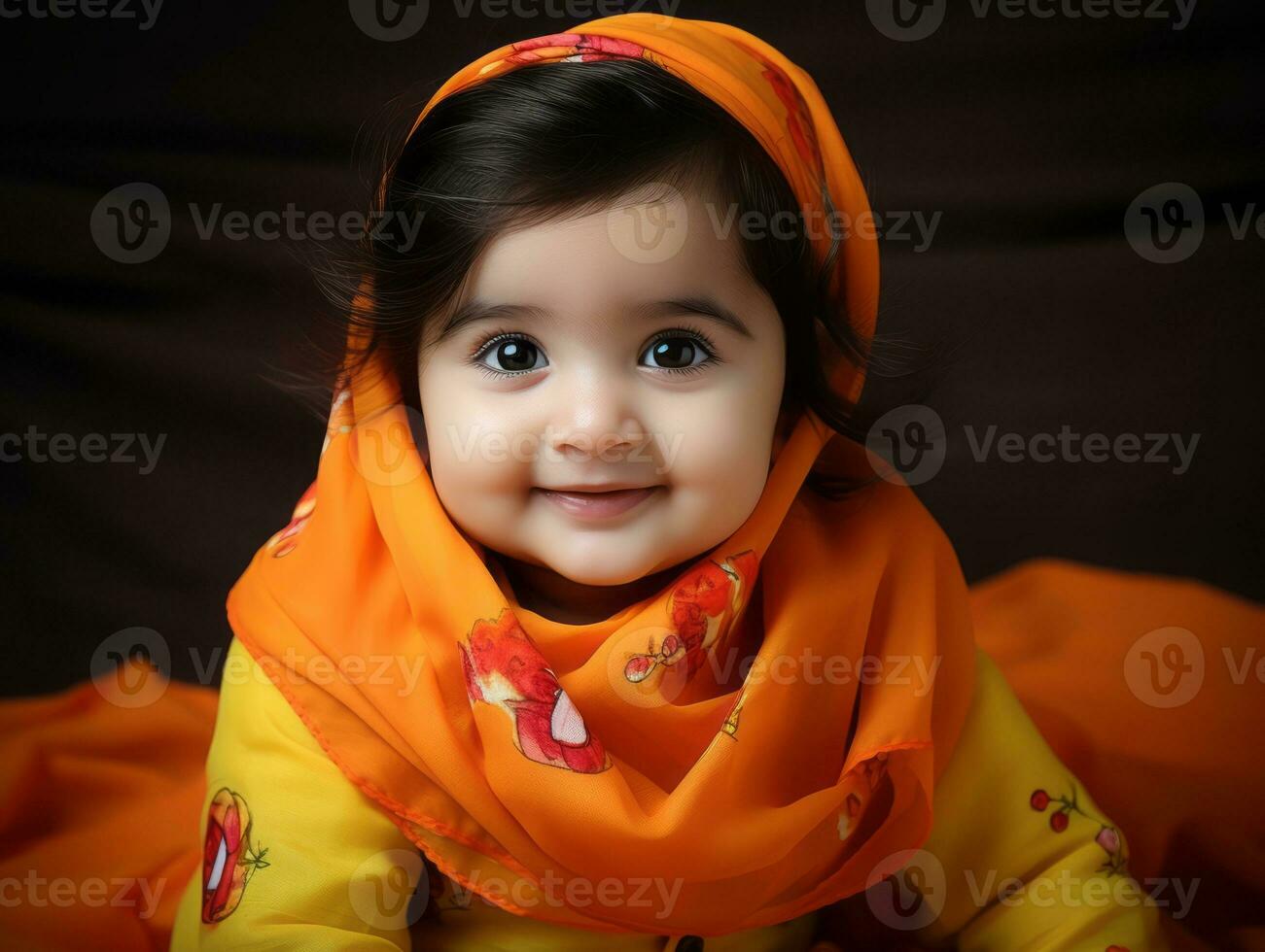 adorable bébé avec vibrant Vêtements dans une espiègle pose ai génératif photo