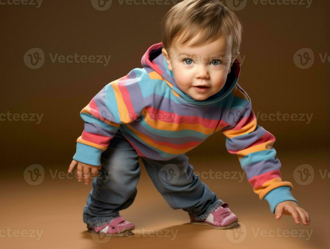 adorable bébé avec vibrant Vêtements dans une espiègle pose ai génératif photo