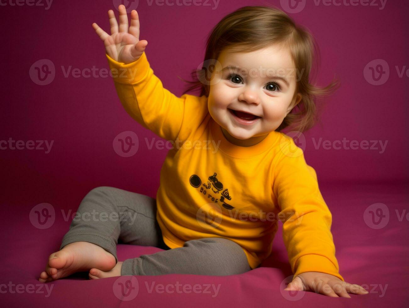 adorable bébé avec vibrant Vêtements dans une espiègle pose ai génératif photo