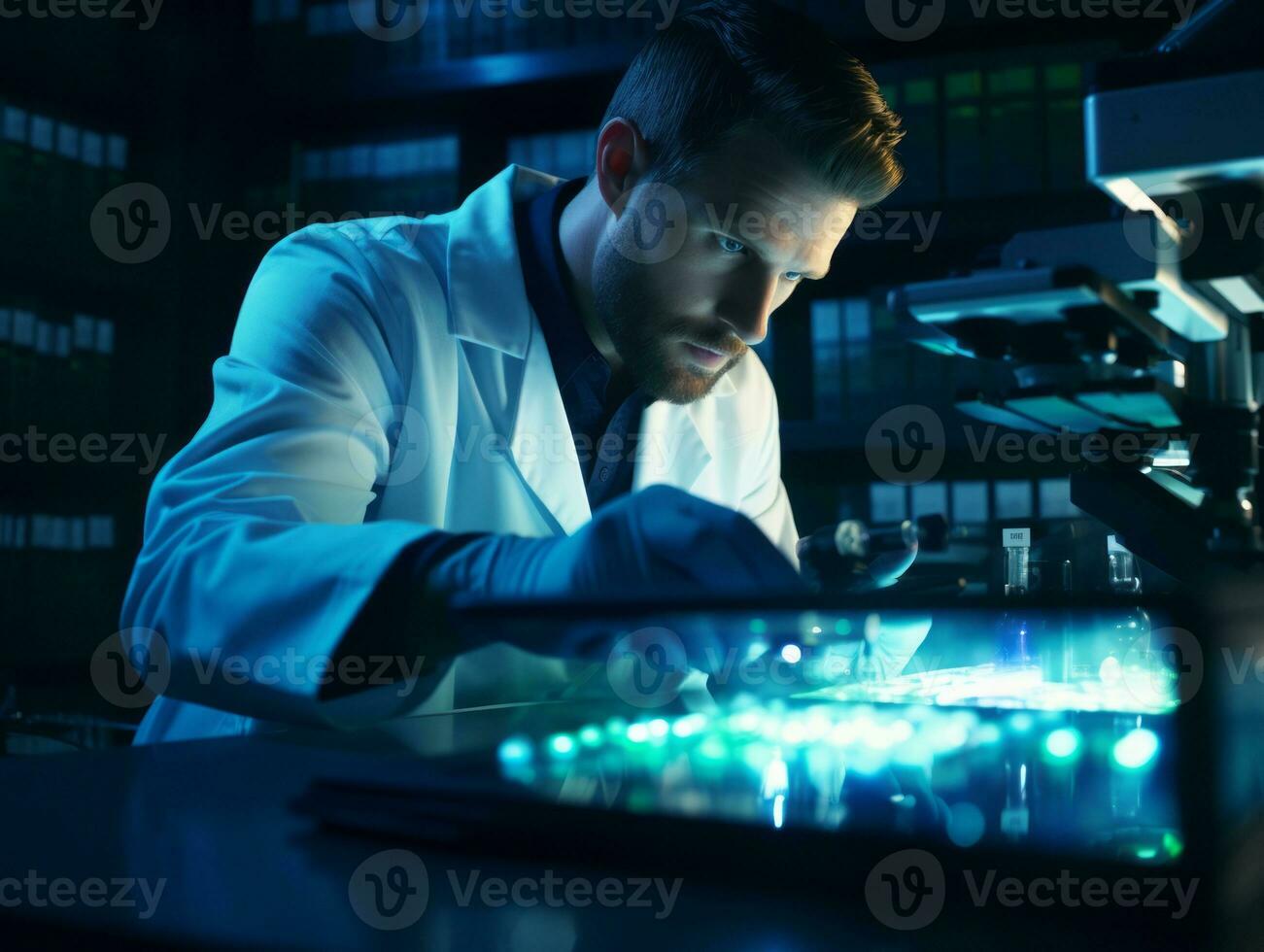 Masculin scientifique conduite expériences dans une haute technologie laboratoire ai génératif photo