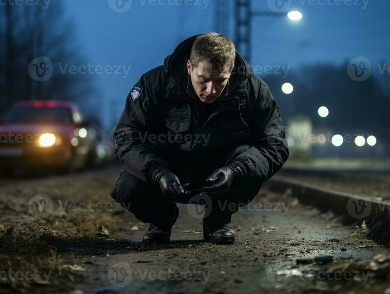 policier est méticuleusement examiner le scène pour preuve pendant le sien enquête ai génératif photo