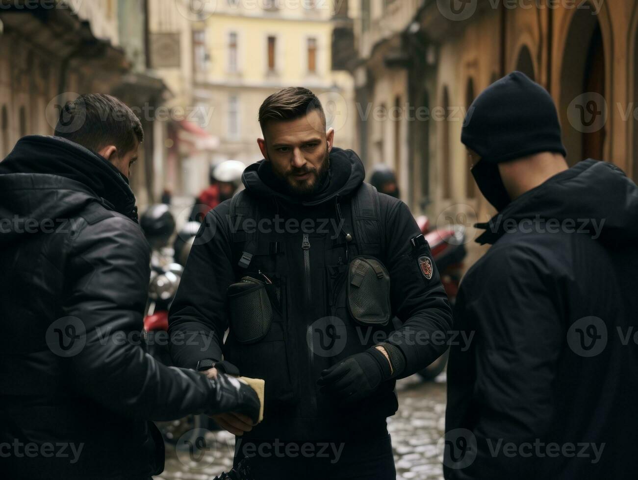 policier est méticuleusement examiner le scène pour preuve pendant le sien enquête ai génératif photo