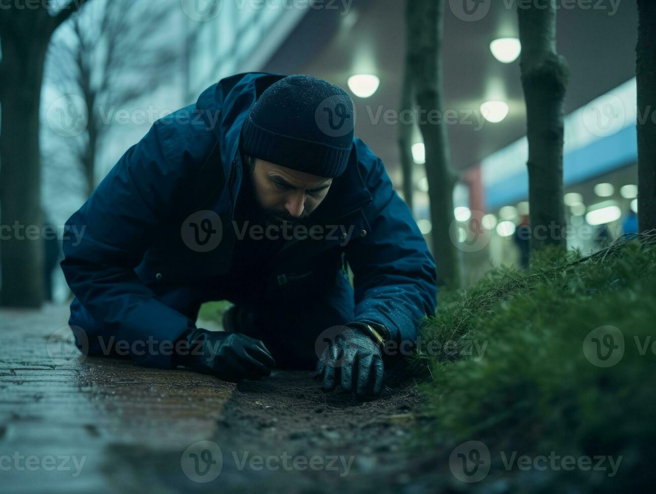 policier est méticuleusement examiner le scène pour preuve pendant le sien enquête ai génératif photo