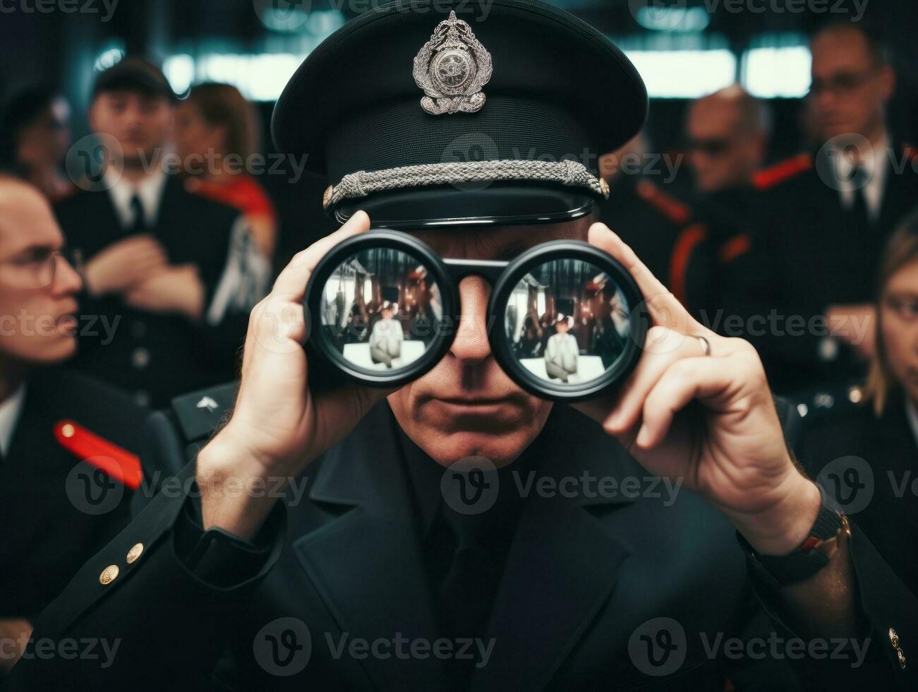 policier est méticuleusement examiner le scène pour preuve pendant le sien enquête ai génératif photo