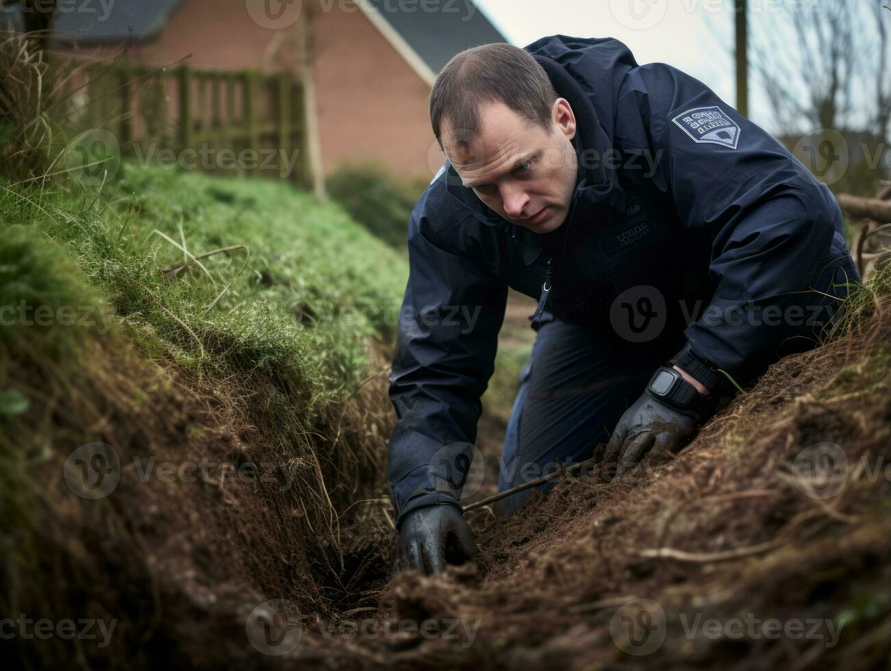 policier est méticuleusement examiner le scène pour preuve pendant le sien enquête ai génératif photo