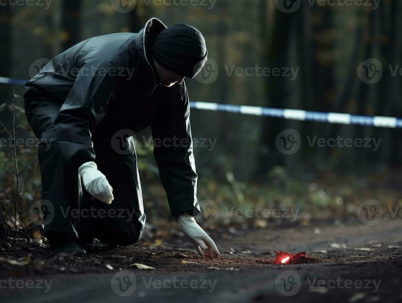 policier est méticuleusement examiner le scène pour preuve pendant le sien enquête ai génératif photo
