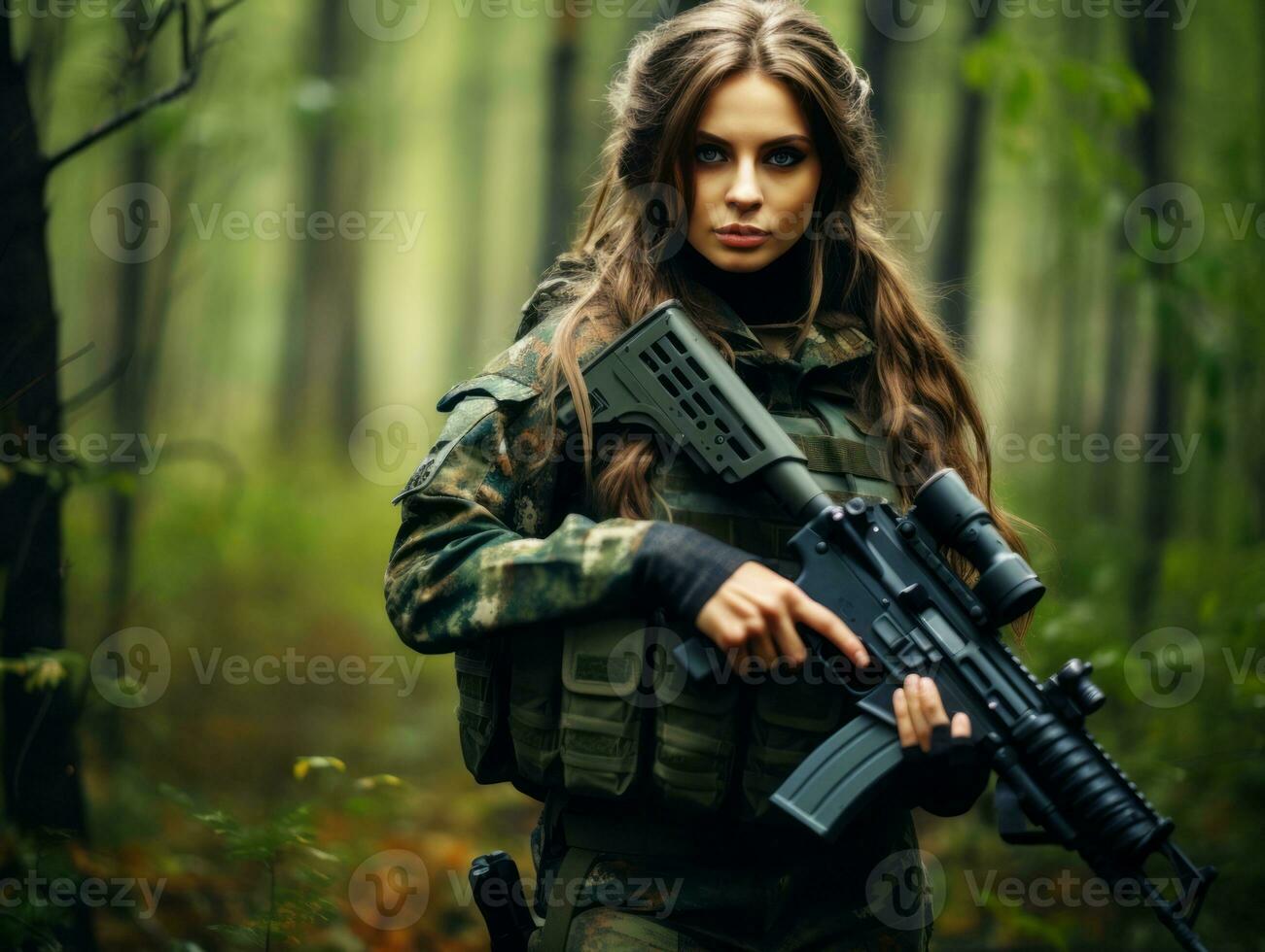 femme sert comme une dévoué et sans peur soldat ai génératif photo