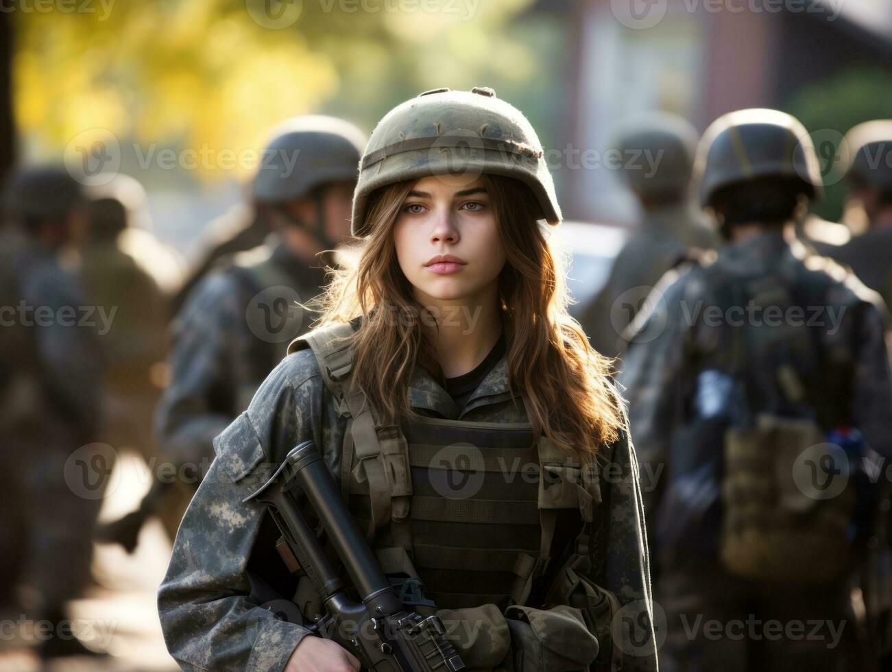 femme sert comme une dévoué et sans peur soldat ai génératif photo