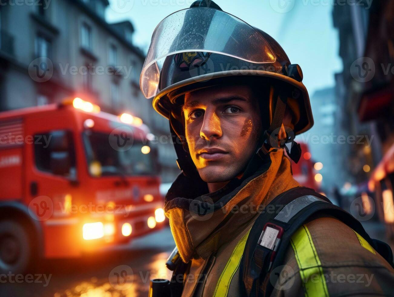 courageux Masculin sapeur pompier sans crainte affronte le brûlant enfer ai génératif photo