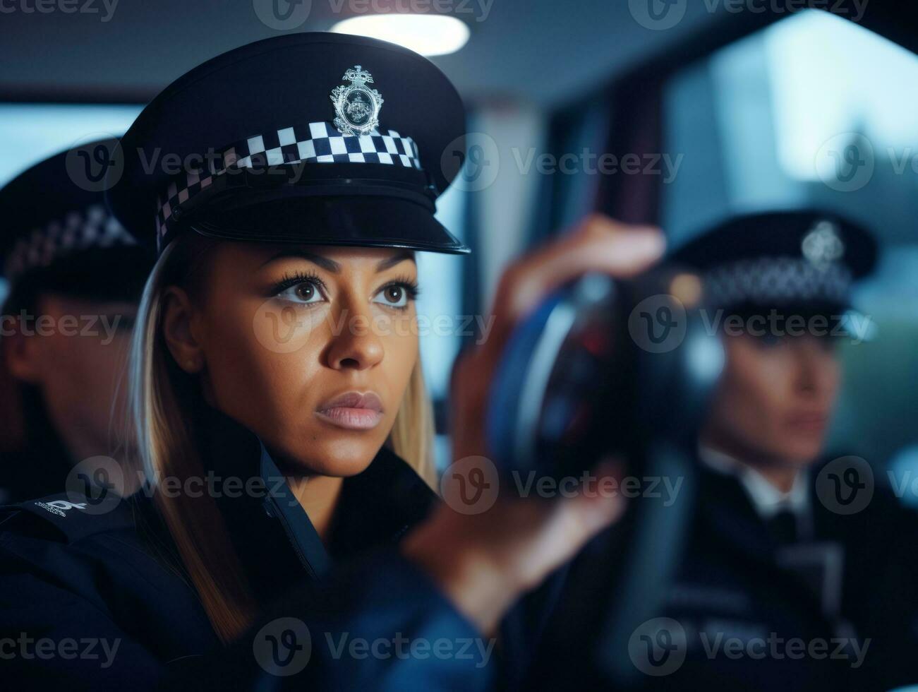 femme policier est soigneusement examiner le la criminalité scène pour potentiel preuve ai génératif photo