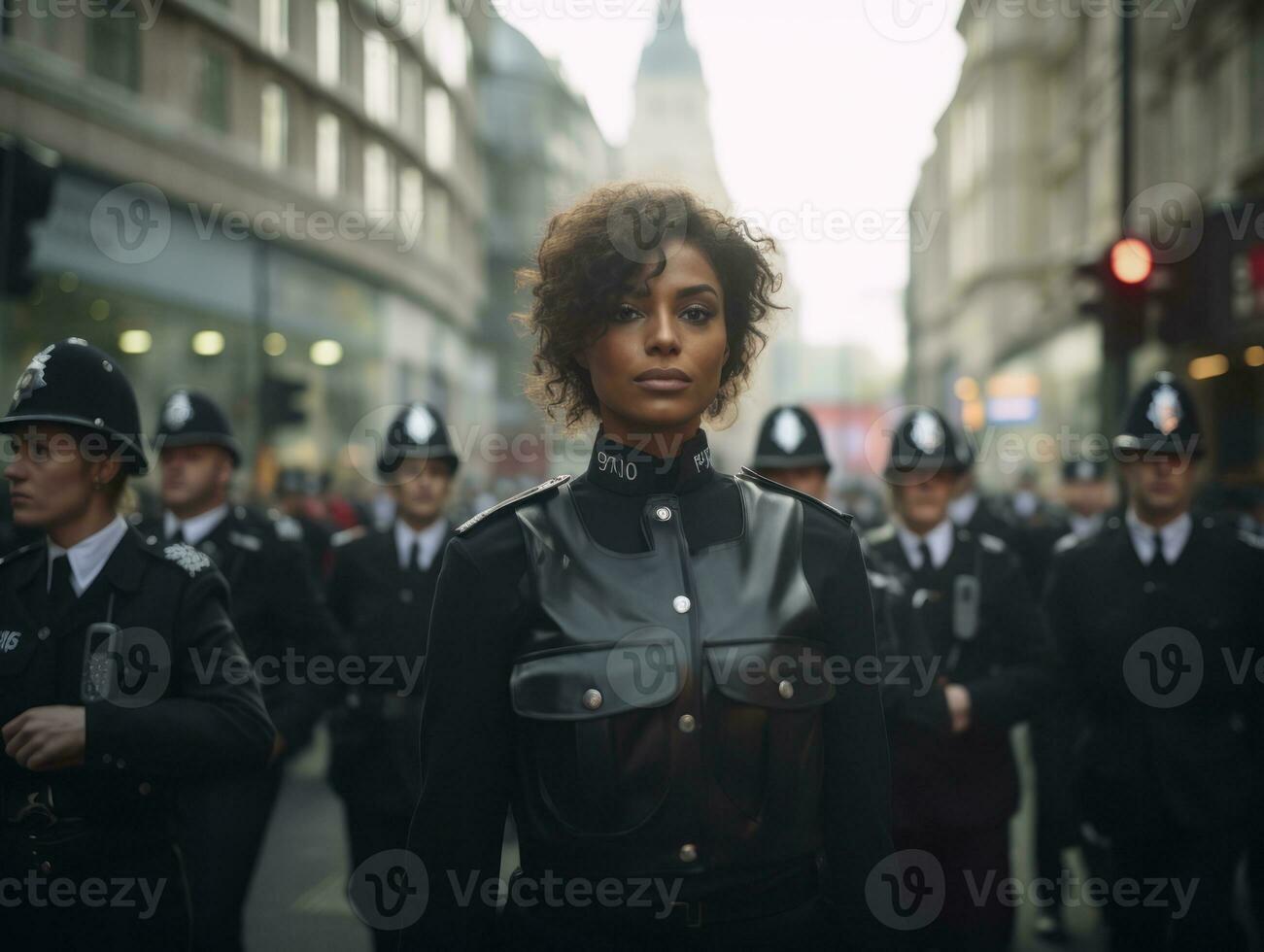 femme policier est soigneusement examiner le la criminalité scène pour potentiel preuve ai génératif photo