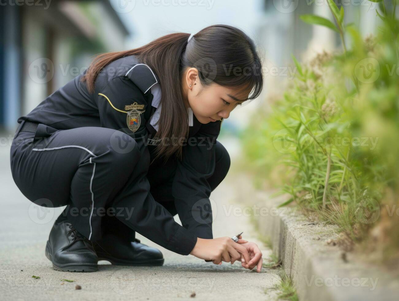 femme policier est soigneusement examiner le la criminalité scène pour potentiel preuve ai génératif photo