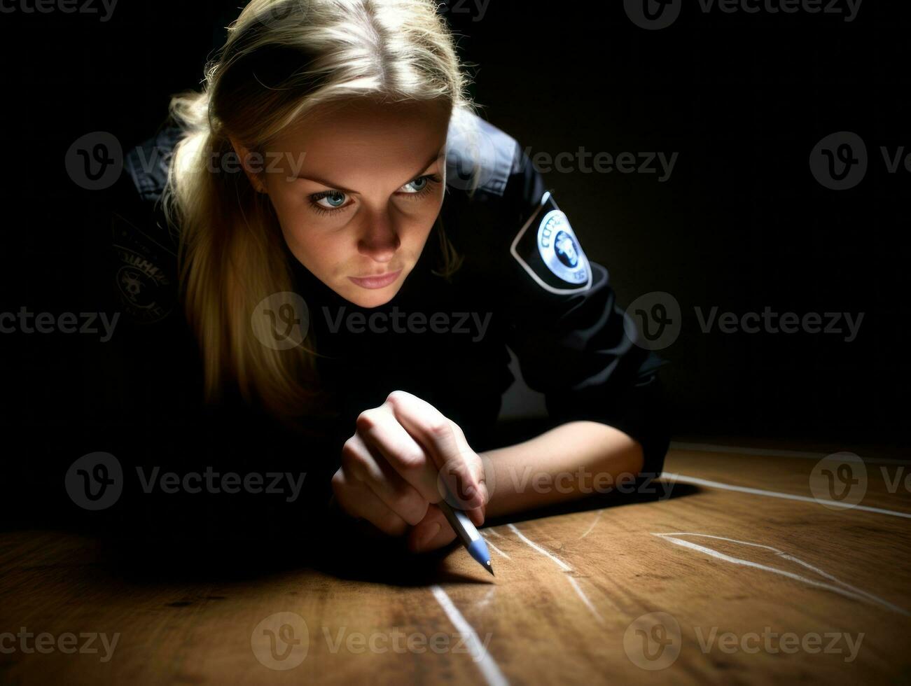 femme policier est soigneusement examiner le la criminalité scène pour potentiel preuve ai génératif photo