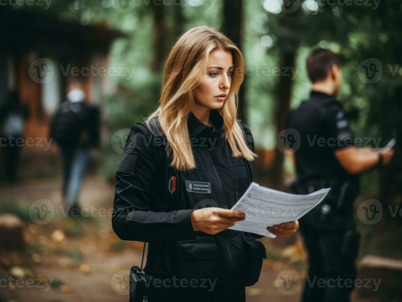 femme policier est soigneusement examiner le la criminalité scène pour potentiel preuve ai génératif photo