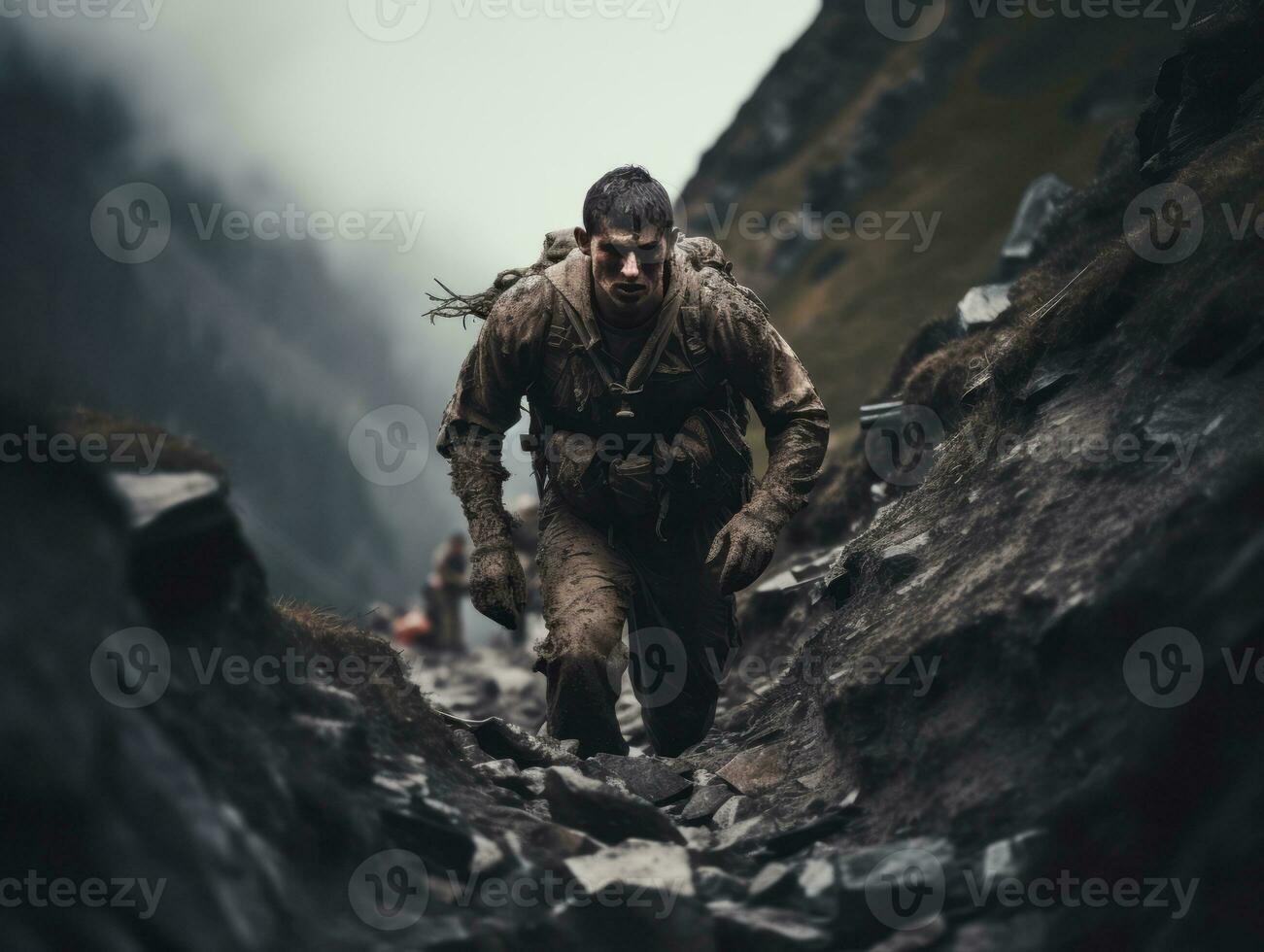 déterminé homme grimpe une raide Montagne Piste ai génératif photo