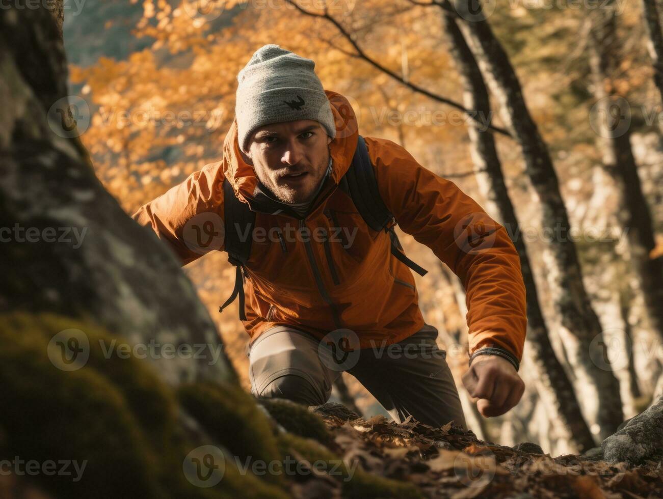 déterminé homme grimpe une raide Montagne Piste ai génératif photo