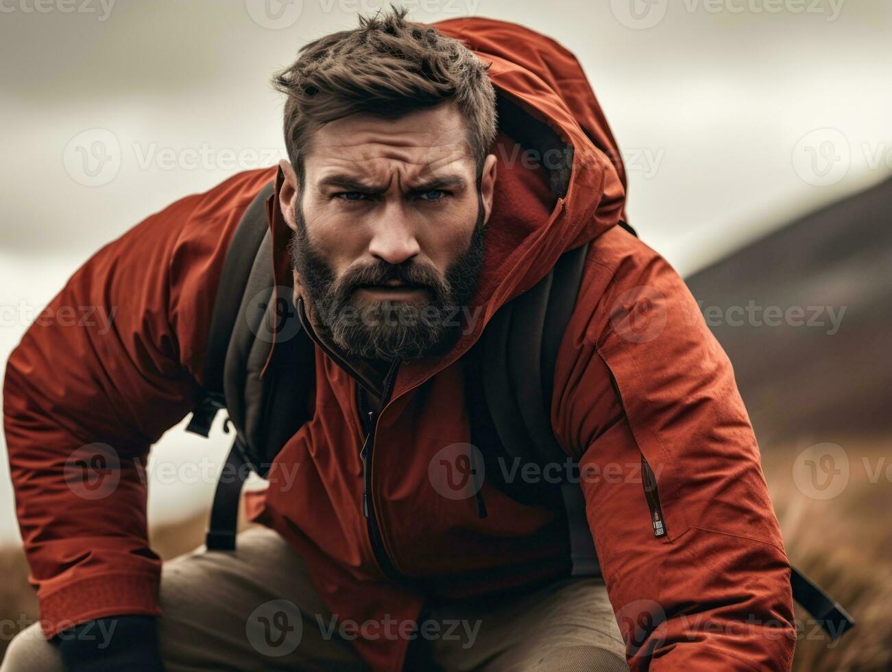 déterminé homme grimpe une raide Montagne Piste ai génératif photo