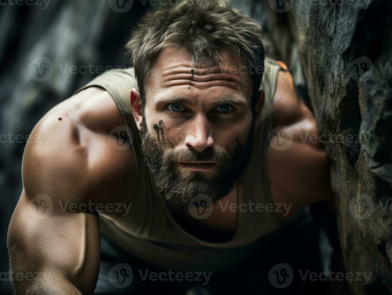 déterminé homme grimpe une raide Montagne Piste ai génératif photo